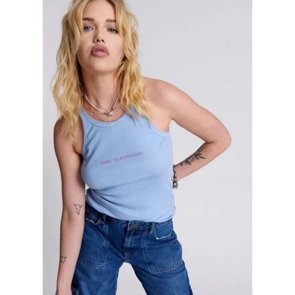 One Teaspoon Womens Blue Skyway Logo Singlet Ribbed Tank Top Cotton Size XS NWT